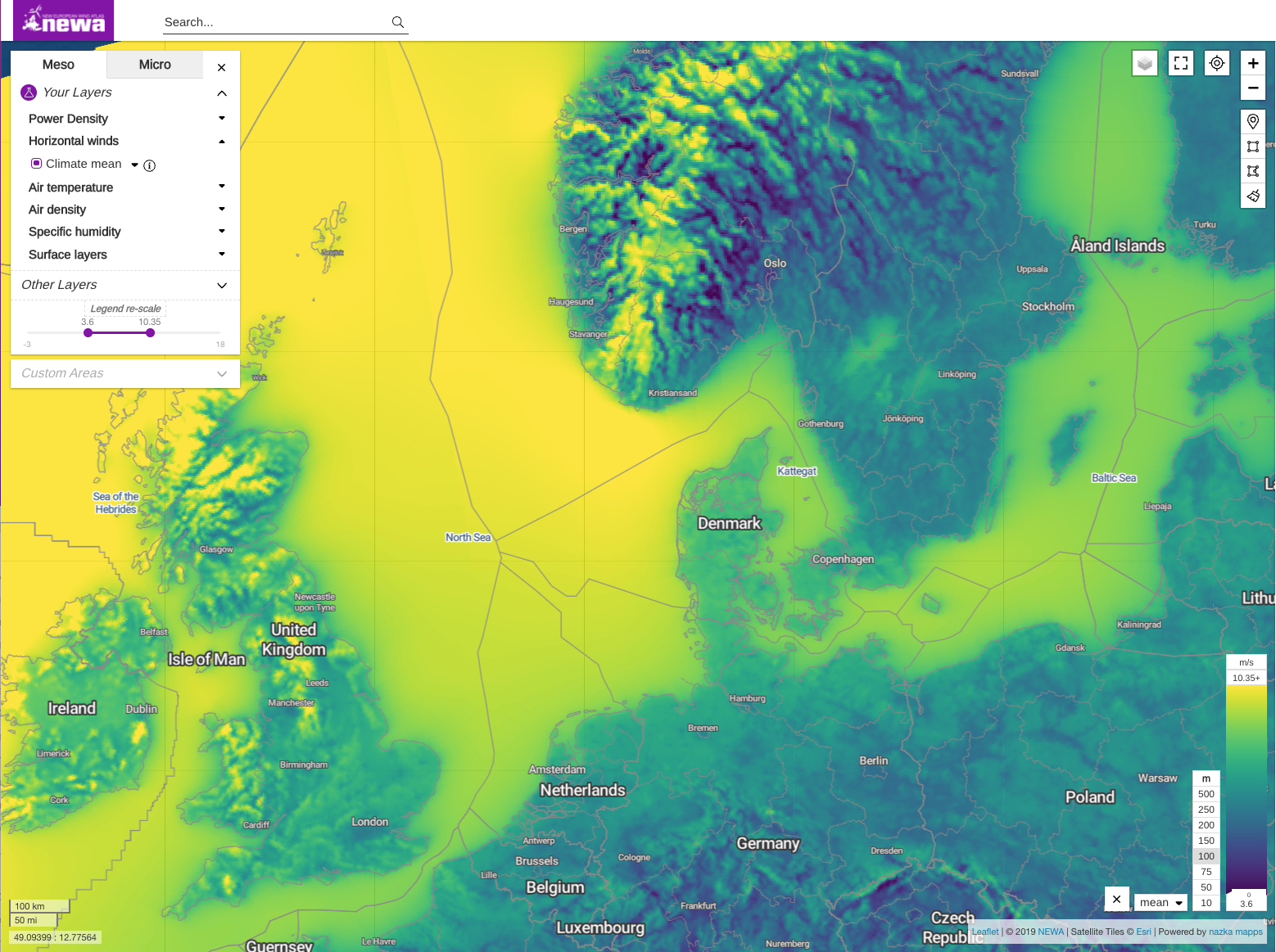 Map of mean wind speed at 100 m above ground level for Northern Europe as displayed by the NEWA website https://map.neweuropeanwindatlas.eu/. PRACE resources were used for the calculations.