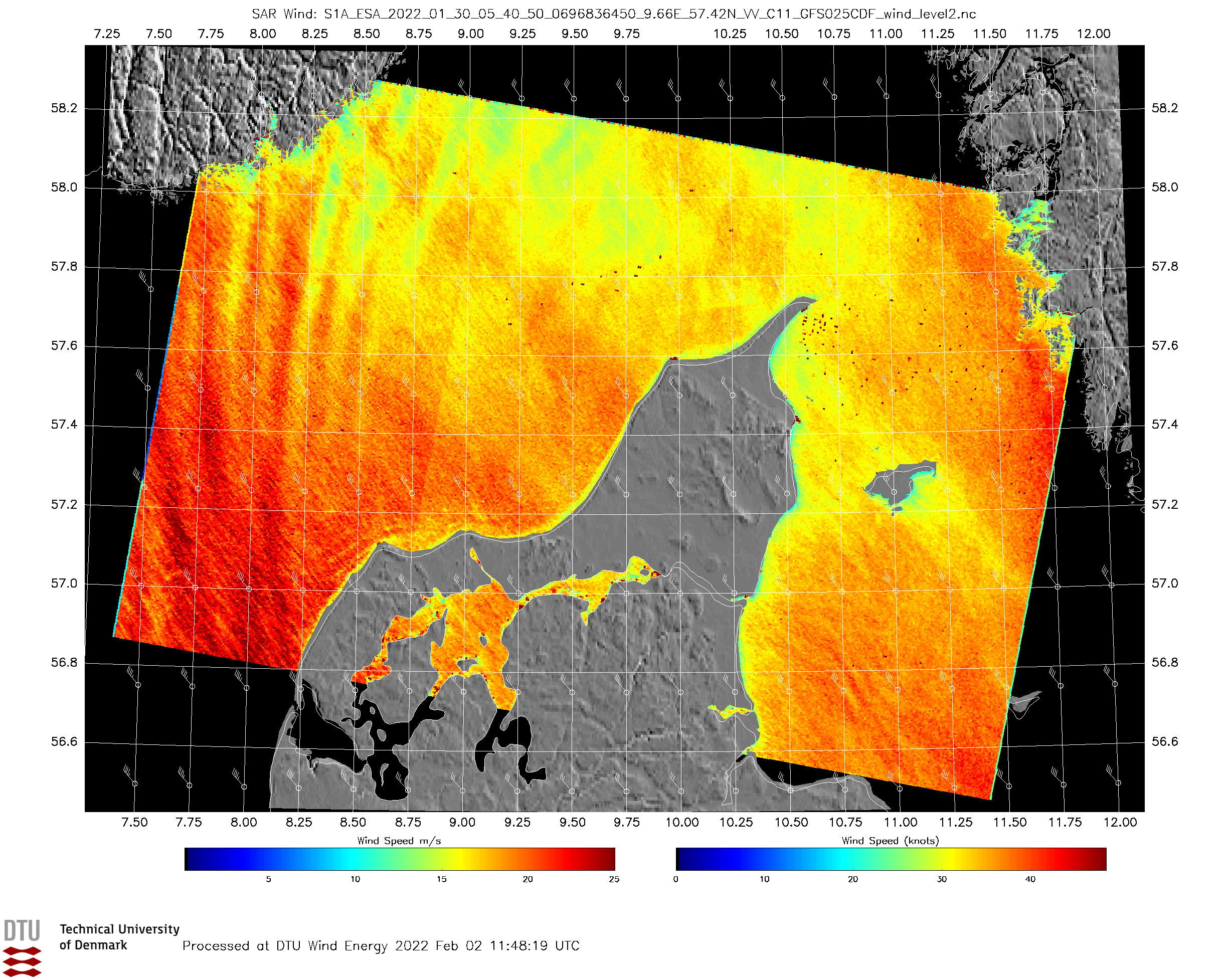 Satellite-based wind map of the storm Malik (30-01-2022 at 5:40 UTC) converted using DeiC Throughput HPC.