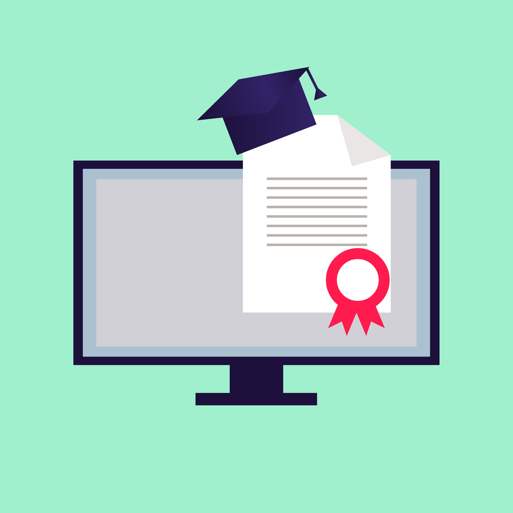 Certifikat og computer på grøn baggrund